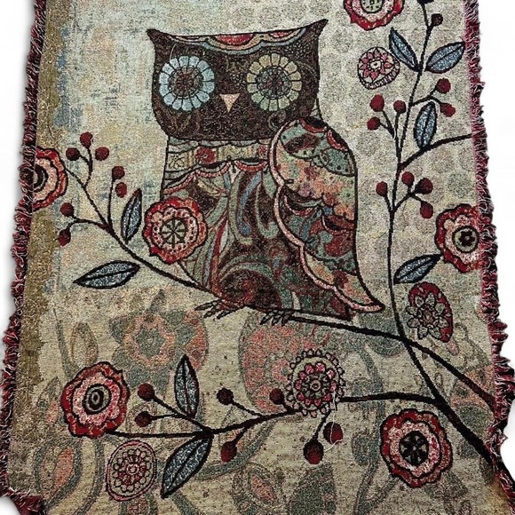 Vintage owl boho hippie funky tapestry fringe blanket 43x56 - Picture 1 of 3